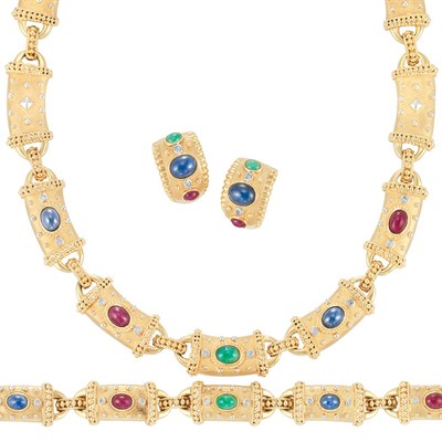 Lot 242 - Suite of Gold, Cabochon Ruby, Sapphire and Emerald and Diamond Jewelry