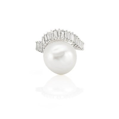 Lot 306 - White Gold, Semi-Baroque Cultured Pearl and Diamond Ring