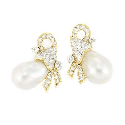 Lot 213 - Pair of Gold, Semi-Baroque Cultured Pearl and Diamond Earrings