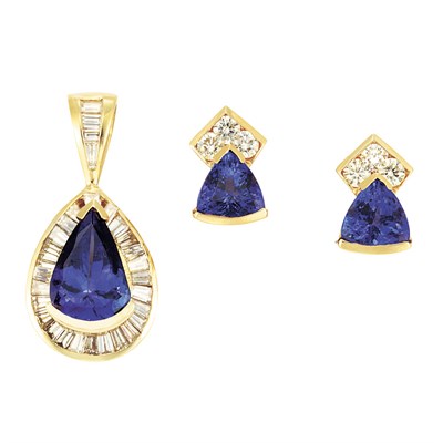 Lot 444 - Pair of Gold, Tanzanite and Diamond Earrings and Pendant