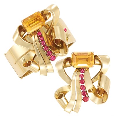 Lot 116 - Gold, Citrine and Cabochon Ruby Clips/Cuff Bangle Combination