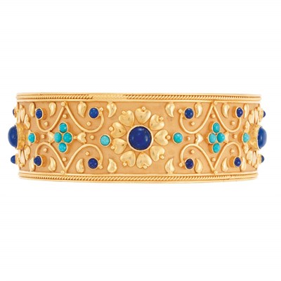 Lot 323 - Gold, Lapis and Turquoise Cuff Bangle Bracelet