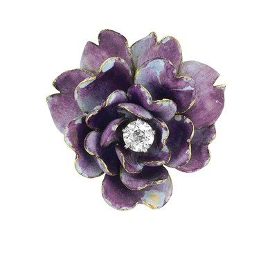 Lot 24 - Antique Gold, Purple Enamel and Diamond Flower Pendant-Brooch, Tiffany & Co.