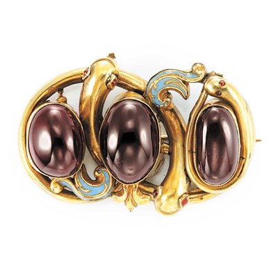 Lot 21 - Antique Low Karat Gold, Carbuncle and Enamel Serpent Brooch