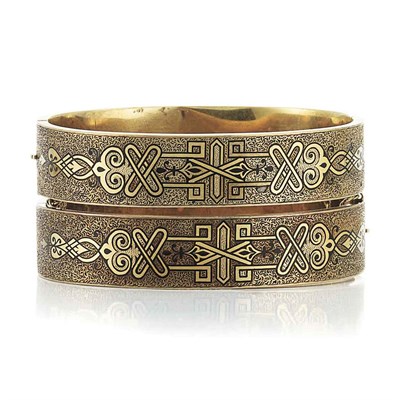 Lot 148 - Pair of Antique Low Karat Gold and Black Enamel Bangle Bracelets