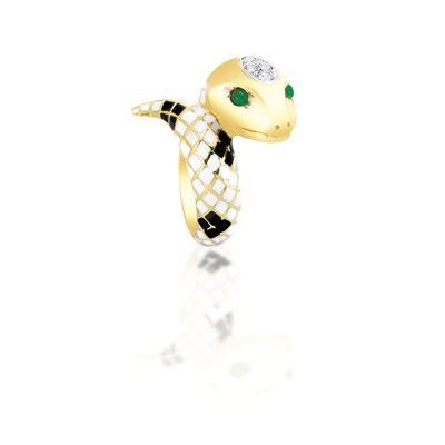 Lot 798 - Gold, Enamel, Diamond and Cabochon Emerald Snake Ring