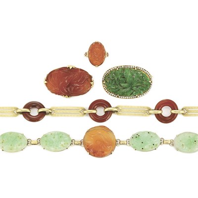 Lot 23 - Group of Carved Jade and Carnelian Jewelry