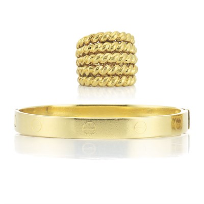 Lot 464 - Gold Bangle Bracelet and Wide Band Ring