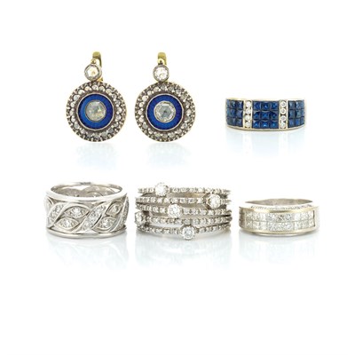 Lot 841 - Four Diamond and Gem-Set Rings and Pair of Earrings