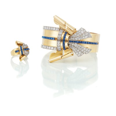 Lot 489 - Gold, Platinum, Diamond and Sapphire Cuff Clip/Bangle Combination and Ring