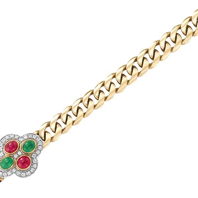 Lot 133 - Gold, Diamond and Cabochon Ruby and Emerald Curb Link Bracelet, Gucci