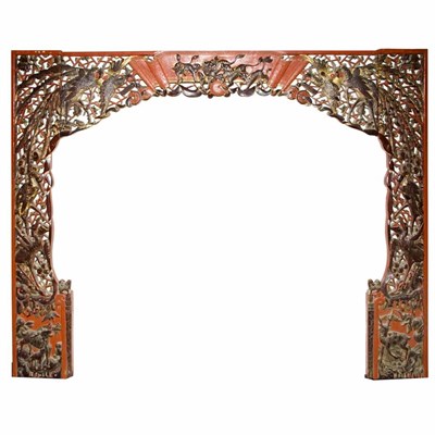 Lot 133 - Chinese Carved and Red Lacquered Wood Archway...