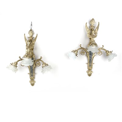 Lot 165 - Pair of Empire Style Brass Three-Light Sconces...