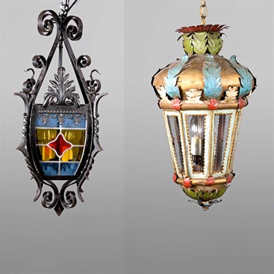 Lot 462 - Baroque Style Stained Glass and Iron Lantern...