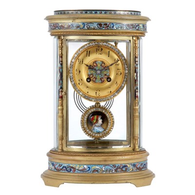 Lot 592 - French Champleve Enameled Bronze Mantel Clock...