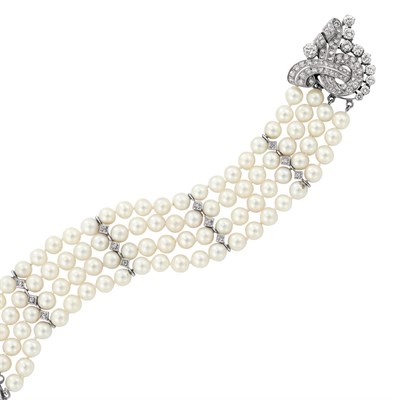 Lot 50 - Four Strand Cultured Pearl and Diamond Bracelet with Diamond Clasp