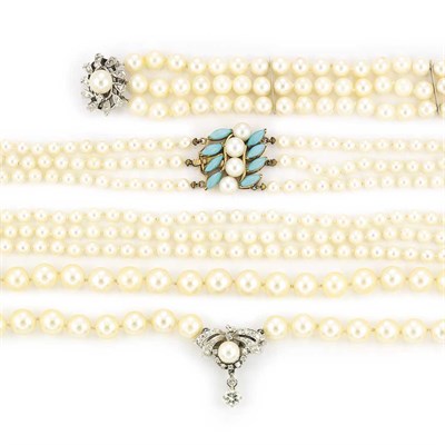Lot 696 - Triple Strand and Single Strand Cultured Pearl Necklaces and Triple Strand Cultured Pearl Bracelet