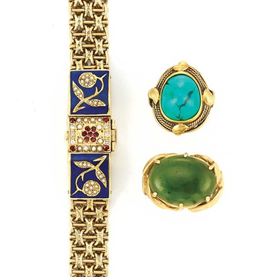 Lot 290 - Gold, Enamel, Split Pearl and Ruby Bracelet-Watch and Two Nephrite and Turquoise Rings