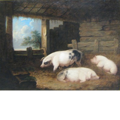 Lot 10 - Follower of George Morland Three Sows in a Pen...