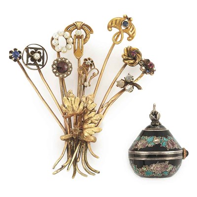 Lot 356 - Gold and Gem-Set Stick Pin Brooch and Silver and Enamel Pendant-Watch