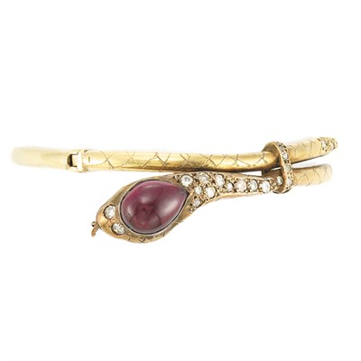 Lot 368 - Gold, Carbuncle and Diamond Serpent Bangle Bracelet