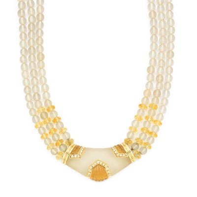 Lot 501 - Triple Strand Frosted Rock Crystal and Citrine Bead and Diamond Necklace