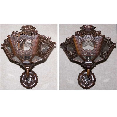 Lot 337 - Pair of Chinese Style Mahogany Wall Lanterns...