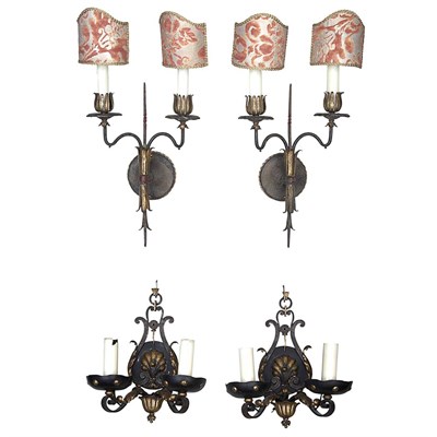 Lot 546 - Two Pairs of Painted Tole and Iron Two-Light...