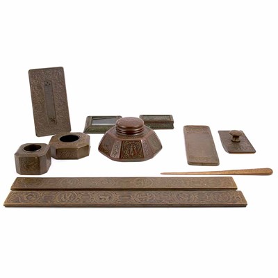 Lot 505 - Assembled Tiffany Studios Bronze Desk Set In...