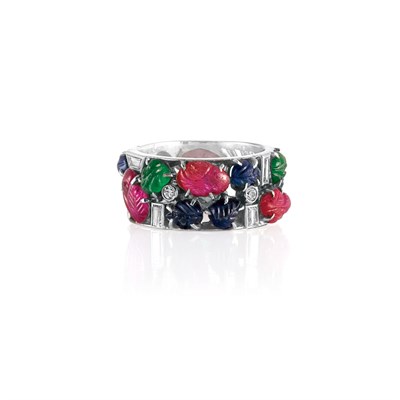 Lot 583 - Art Deco Tutti Frutti Platinum, Carved Colored Stone and Diamond Band Ring, Mauboussin