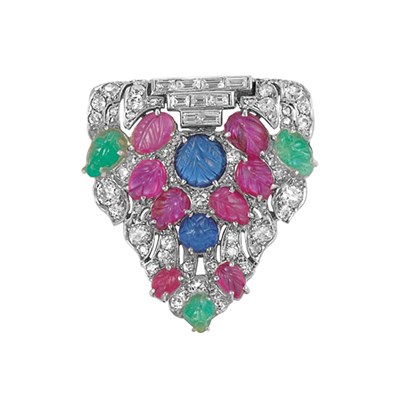 Lot 582 - Art Deco Tutti Frutti Carved Synthetic Colored Stone and Diamond Brooch