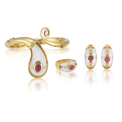 Lot 358 - Group of Gold, Frosted Rock Crystal, Cabochon Ruby and Diamond Jewelry, Ilias Lalaounis