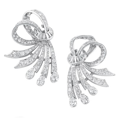 Lot 453 - Pair of Platinum and Diamond Bow Clip-Brooches