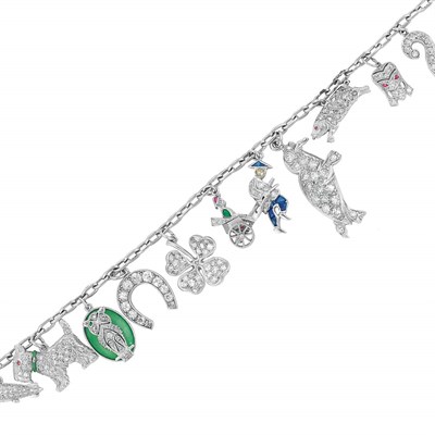 Lot 542 - Art Deco Platinum, Diamond and Gem-Set Charm Bracelet