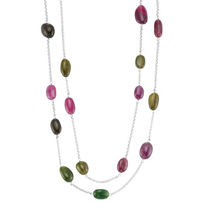Lot 146 - Long White Gold, Tumbled Tourmaline and Pink Tourmaline Bead Chain Necklace