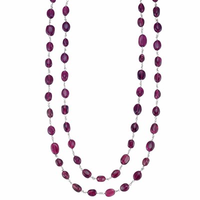 Lot 92 - Long White Gold and Tumbled Pink Tourmaline Bead Chain Necklace