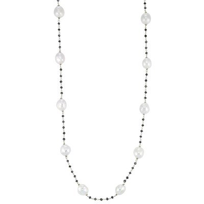 Lot 38 - Long White Gold, Baroque Cultured Pearl and Black Diamond Bead Chain Necklace