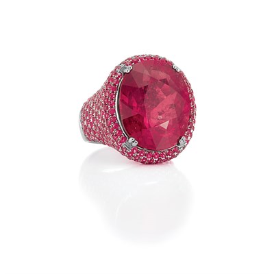 Lot 647 - Blackened Gold, Pink Tourmaline and Ruby Ring