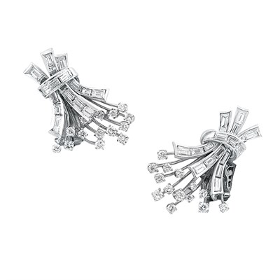 Lot 455 - Pair of Platinum and Diamond Bouquet Earclips