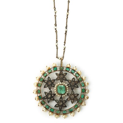 Lot 566 - Silver, Gold, Diamond, Emerald and Pearl Pendant with Silver and Pearl Chain