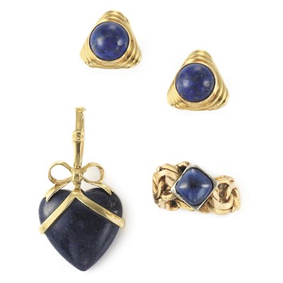 Lot 791 - Gold and Lapis Heart Pendant and Pair of Earclips and Gold and Cabochon Synthetic Sapphire Band Ring