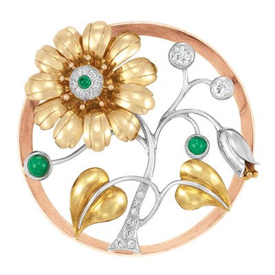Lot 113 - Two-Color Gold, Platinum, Cabochon Emerald and Diamond Circle Flower Brooch, Tiffany & Co.