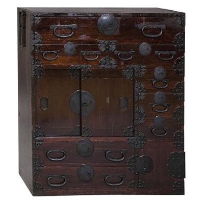 Lot 1183 - Iron Mounted Softwood Tansu With eight drawers,...