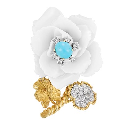 Lot 468 - Gold, Platinum, Porcelain, Diamond and Turquoise Flower Clip-Brooch, David Webb