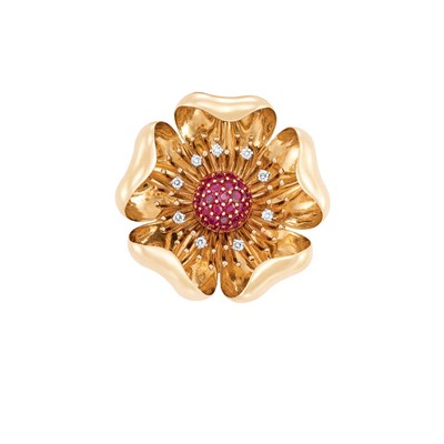 Lot 485 - Gold, Ruby and Diamond Flower Clip-Brooch, Tiffany & Co.