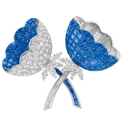 Lot 446 - Platinum, Invisibly-Set Sapphire and Diamond Flower Clip-Brooch
