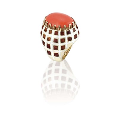 Lot 360 - Gold, Enamel and Coral Ring