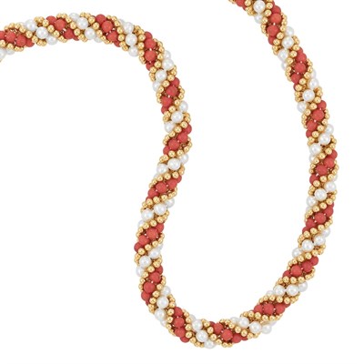 Lot 361 - Gold, Coral Bead and Cultured Pearl Torsade Necklace, Cartier