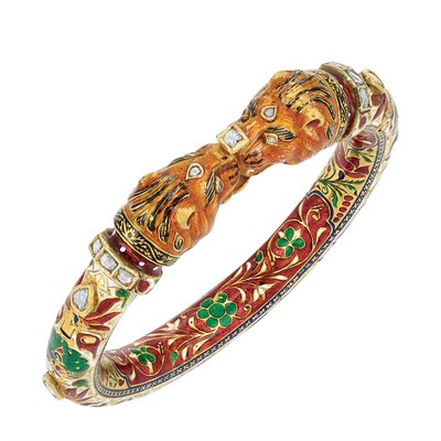 Lot 236 - Indian Gold, Enamel and Foiled-Back Diamond Animal Head Bangle Bracelet