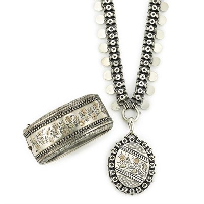 Lot 383 - Sterling Silver Cuff Bangle Bracelet and Pendant-Necklace